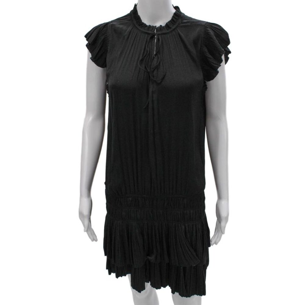 Decker Womens Black Trapeze Swing Dress Short Sleeve High Neck Tie Size XS